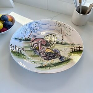 FB Co Italy Hand Painted Turkey Platter Large Oval Thanksgiving Serving Dish
